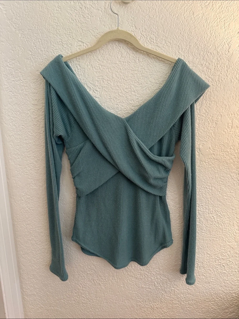 Free People Off-Shoulder Ribbed Sweater in Dusty Blue